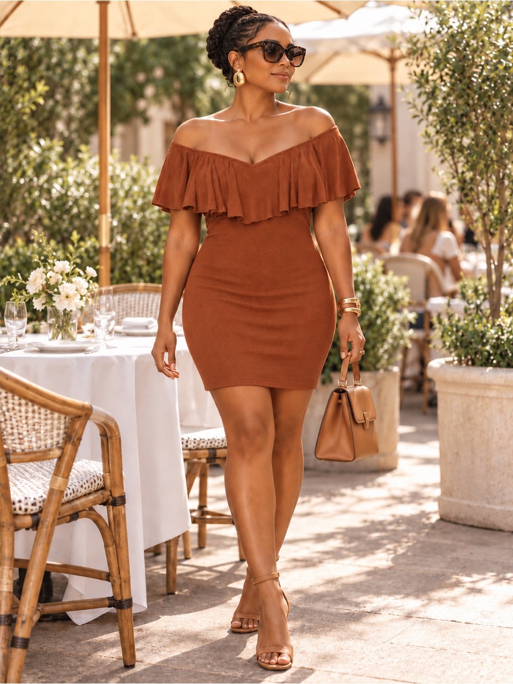 Fashion Nova Rust Brown Off Shoulder Ruffle Brunch Bodycon Dress M